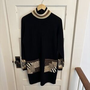 Antonella Preve Vtg Women's Black Brown Animal Print Turtleneck Sweater Dress M
